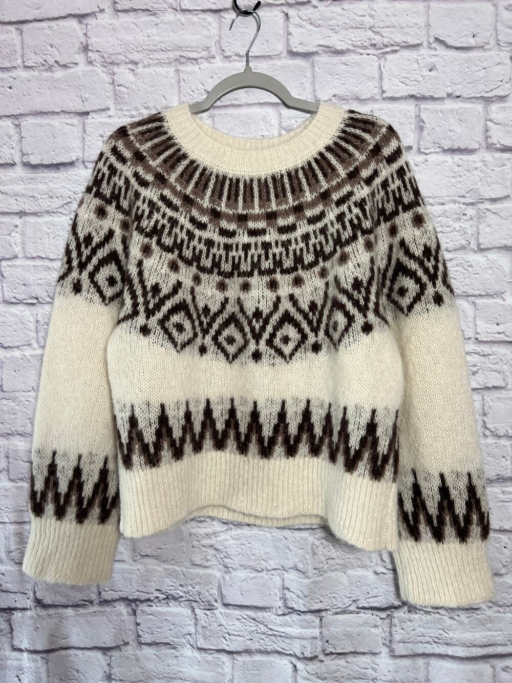 Madewell Fair Isle Wool Alpaca Boxy Sweater SIZE M Cream Brown Nordic Relaxed